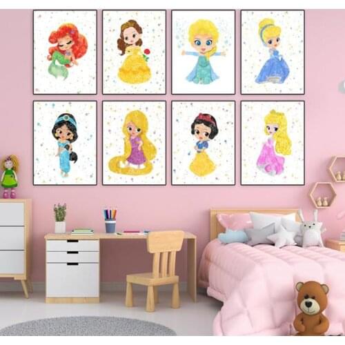 Cartoon Watercolor Disney Princess Canvas Painting Posters Nursery Wall Art Pictures for Kids Room Home Cuadros Decor