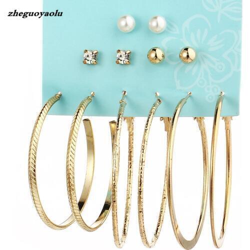 6 Pairs/set 2017 New Brinco Studs Set Jewelry Fashion Gold Silver Color Punk Crystal Big Round Stud Earrings Set For Women