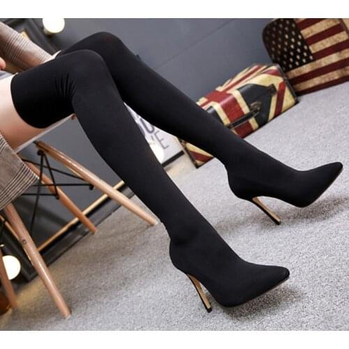 2021 Autumn and winter new long socks boots high heel over the knee boots pointed sexy thin boots women