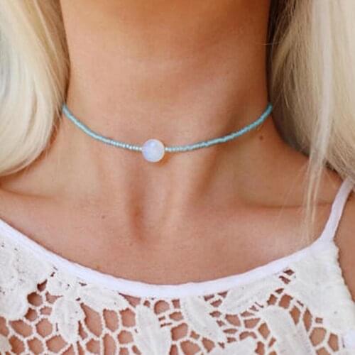 Aqua Opal Glass Beaded Choker Necklace Beach Jewelry Handmade Choker