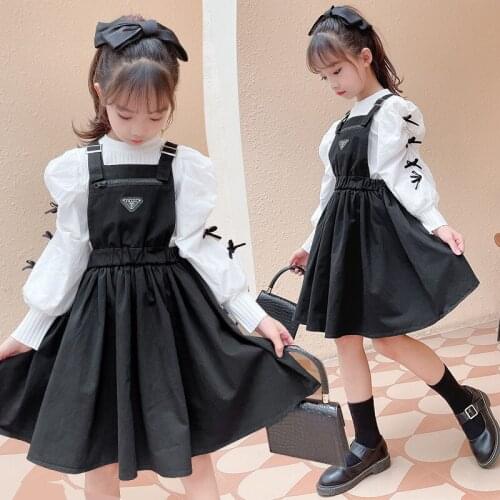 Girls puff sleeve suspender dress 2021 new foreign style net red girl children two-piece trend