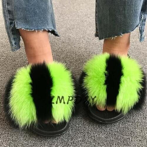 Female Plush Flip Flops Kids/Childrens Real Fox Fur Slippers Women Raccoon Fur Slides Ladies Fluffy Furry Open Toe Sandals Hot