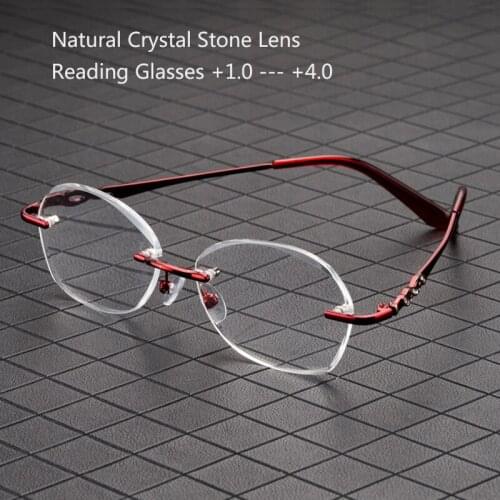 Reading Glasses Woman Natural Crystal Stone Glass Lens Hyperopia Female Luxury Rimless Presbyopia Eyeglasses +1.0 2.0 3.0 +4.0