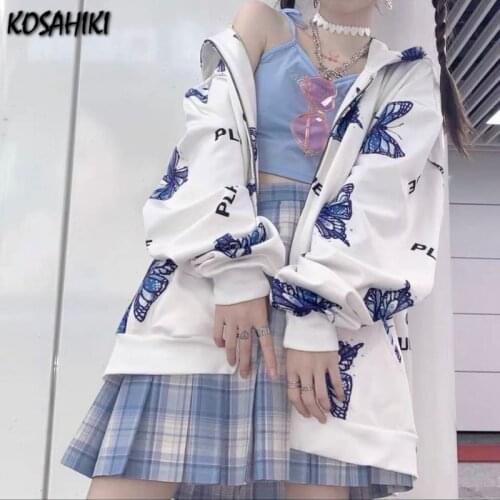 KOSAHIKI Streetwear Harajuku Oversized Sweatshirt Women Man Butterfly Print Letter Harajuku Zip Up Hoodies Jackets Loose Tops