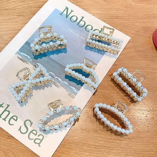 New Women Elegant Pearls Rhinestone Geometric Hair Claws Back Hair Hold Clips Sweet Decorate Headband Fashion Hair Accessories