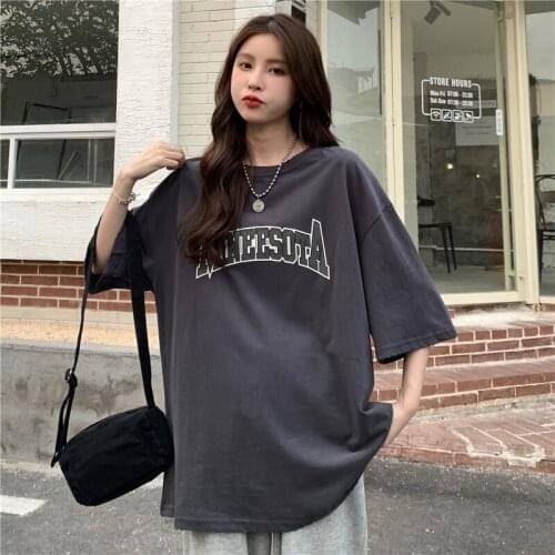 Cotton 2021 summer new wild letter printing Harajuku tide short-sleeved womens T-shirt loose large size round neck