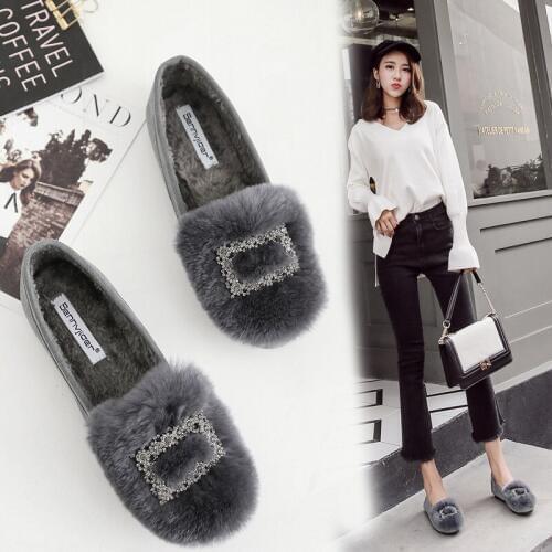 Crystal buckle fur moccasins women 2019 new winter cozy plush flats ladies anti-slip mules shoes fur pregnant loafers women 561