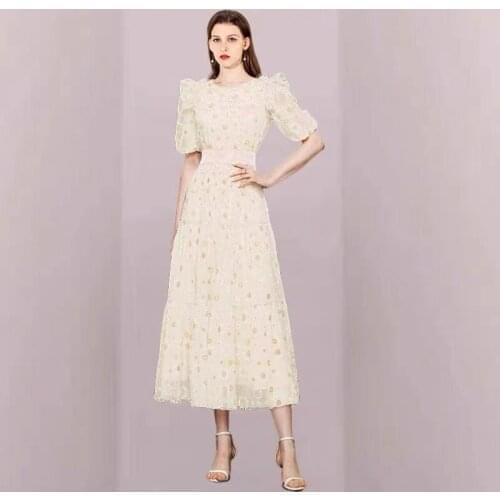 IVY HE Summer Womens Dress 2021 Vintage Dresses Elegant Gauze Long Dress Women Daisy Printing Agaric Foam Sleeve Traf Robe ZA