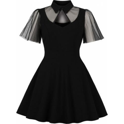 2019 Women Summer Casual Vintage Gothic Dress Halloween Black See Through Stylish Mesh Sexy Goth Party Elegant Swing Dresses