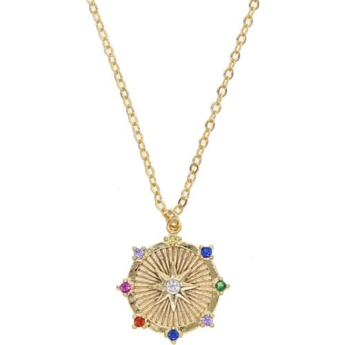 2019 high quality colorful round cz star signet Coin pendant necklace gold filled rainbow engraved modern simple necklace jewels