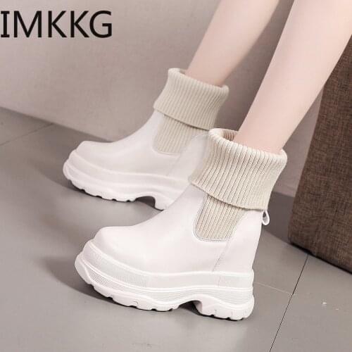 2020 new arrival fashion women boots pu leather platform shoes woman round toe high heels height increased mid-calf boots