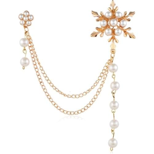 Flower Snowflake Brooches for Women Pearl Pins Exquisite Chain Tassel Dress Coat Pin Christmas Gifts Jewelry Accessories