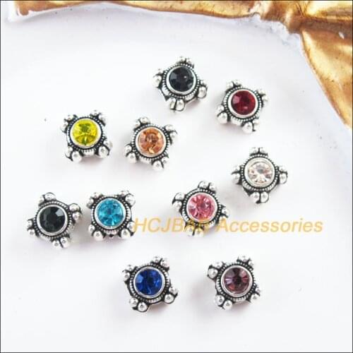 30Pcs Tibetan Silver Tone Retro Flower Spacer Beads Mixed Crystal Charms 7mm
