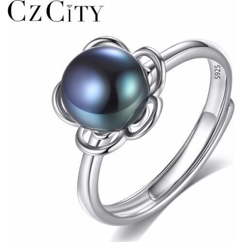 CZCITY Brand Finger Ring The Latest 100% Natural Freshwater 8-8.5mm Black Grey Pearl Flower Shape Trendy Lady Silver Ring 925