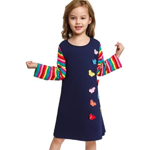 YOFEEL Girls Casual Dress Rainbow Butterfly Design Long Sleeve Clothing Children Cotton Tshirt Kids Spring Birthday Cute Vestido
