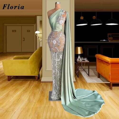 Floria Green Illusion Mermaid Evening Dresses For Arabic Dubai Prom Dresses With Remove Jacket Celebrity Gown Vestidos De Fiesta