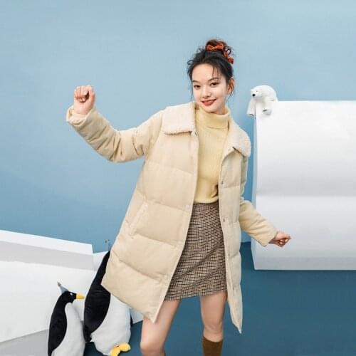 INMAN Winter Corduroy Fur Collar Plush Mid Long White Duck Down Loose Coat Womens Down Jacket