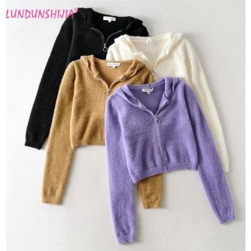 LUNDUNSHIJIA Velvet Mink Long Sleeve High Waist Hooded Jacket 2020 Autumn Women Fashion Lavender Purple Zipper Cardigan Outwears