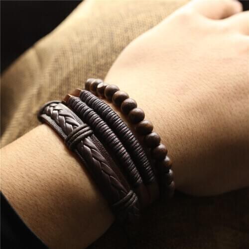 New 3 Pcs/set Handmade Woven Multilayer Men Leather Bracelets Women Wood Beads Femme Homme Male Gift Jewelry Freely Shipping