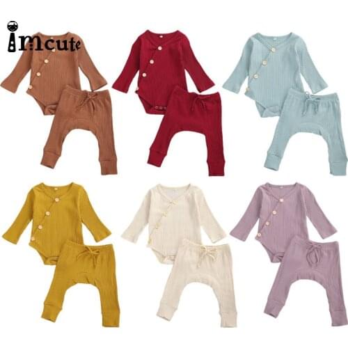 Newborn Baby Girls Clothes Slash Button Long Sleeve Bodysuit Tops+Loose Long Pants+Headwear Set Infant Casual Outfits 0-24M