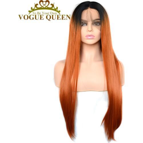 Vogue Queen Orange With Black Root Synthetic Lace Front Wig Long Silky Straight Wig Heat Resistant Fiber For Women