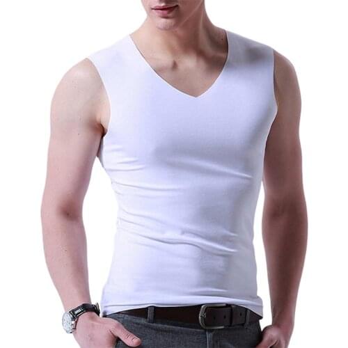 Plus Size Sleeveless T-Shirt Men Sporty Solid Color Sleeveless V Neck Slim Seamless Vest Tank Top Tight Cotton Vest Tank Tops