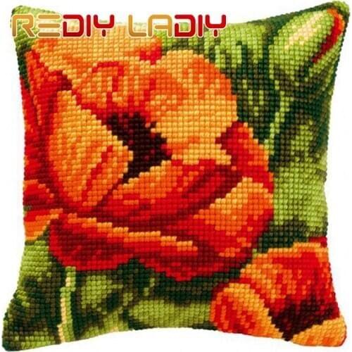 DIY Cross Stitch Cushion Front Poppy Orchid Rose Pillow Chunky Cross-Stitch Kits 100% Acrylic Yarn Pillow Case Sofa Decor Crafts