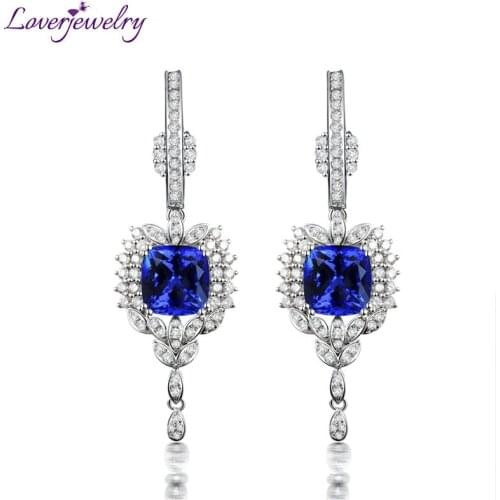 Tanzanite Earrings Fantastic Amazing Cushion Cut Gemstone 18Kt White Gold Diamond Blue Engagement Tanzanite Earrings For Women