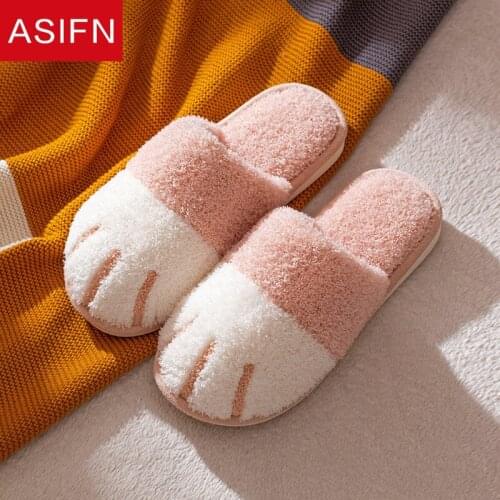 ASIFN Winter Indoor Ladies Slippers Cotton Cute Cartoon Cat Paw Men Women Furry Slides Plus Velvet Warm Soft Bottom Female