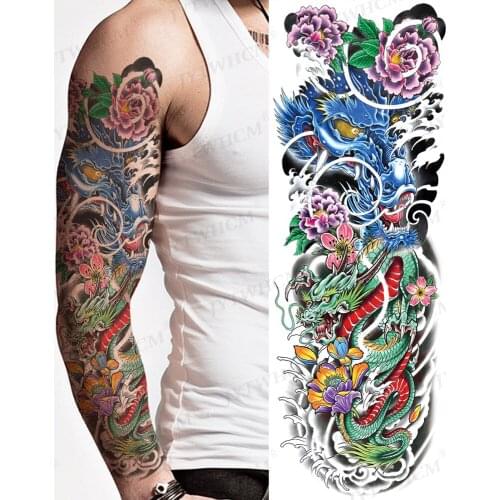 Full Arm Tattoo Sticker Large Day of the Dead Japanese Temporary Tattoos Old School Dragon Men Lion Body Art Phoenix Tattoo Girl