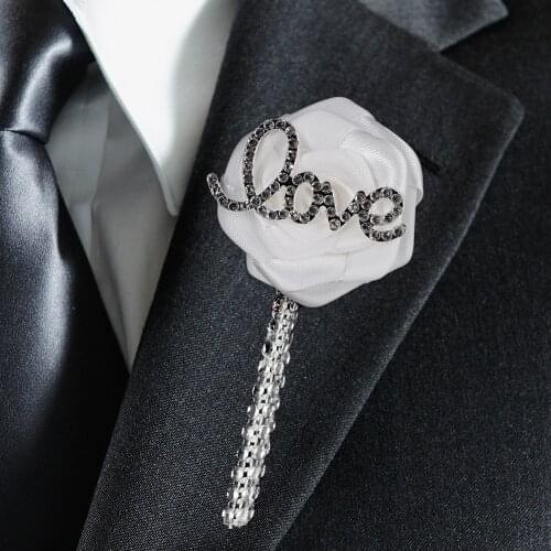 Groom Buttonhole European Wedding Flowers Groom Groomsmen Boutonniere Wedding Men Suit Lapel Pin Silk Ribbon Love Brooch XH543