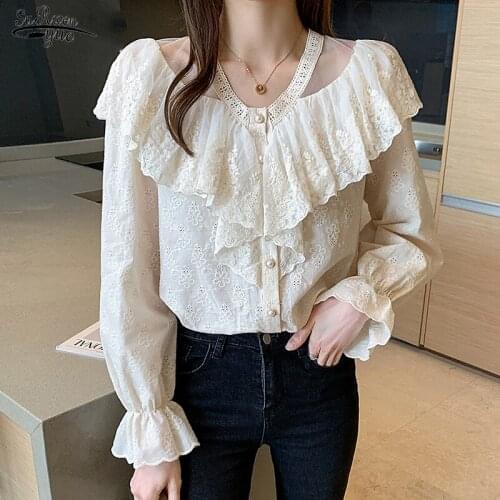2021 New V Neck Mesh Stitching Ruffled Flare Long Sleeve Shirt Autumn New Korean Women Blouse Hollow Embroidery Loose Top 13978