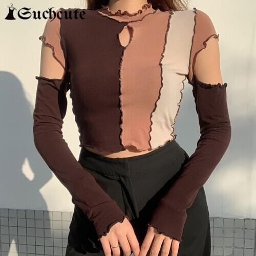 SUCHCUTE Contrast Color Womens T-Shirts Hollow Out Long Sleeve Cropped Tops 2020 Gothic O-Neck Skinny Shirt Autumn Streetwear