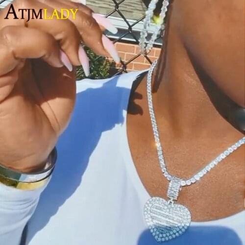 Gold Plated High Quality Hip Hop Iced Out Bling Baguette CZ Cubic Zirconia 5MM Tennis Chain Heart Charm Women Necklace Jewelry
