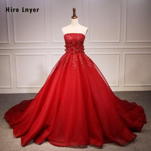 Hire Lnyer New Special Sexy Strapless Zipper Up Burgundy Wedding Dresses Robe De Mariee Appliques Beading Flowers Bridal Gown