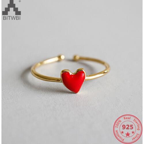 Korea Hot Style 100% S925 Sterling Silver Fashion Cute Resin Red Love Heart Opening Ring Female Jewelry