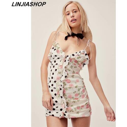 Elegant vintage summer print dress patchwork deep v neck slimming waistline backless ruffles high waist strap short dress