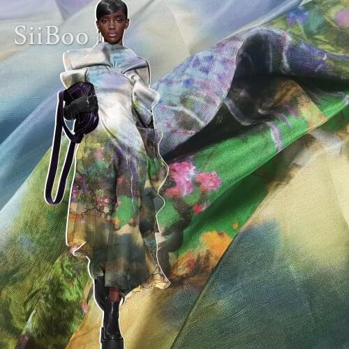 French digital positional printed multi color thick 13mm linen silk fabric apparel for women spring autumn dress skirt SP5942