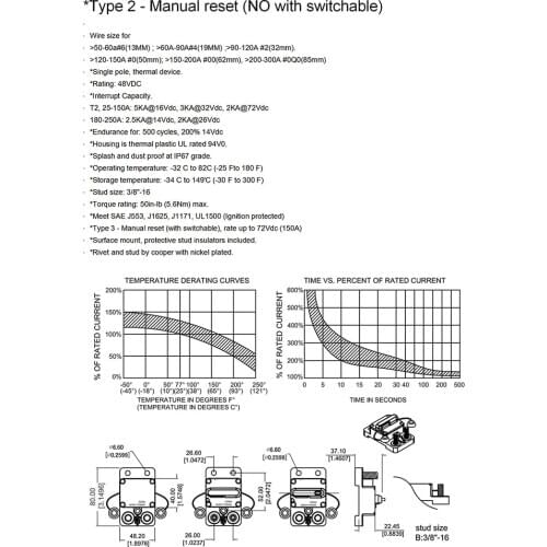 250A Circuit Breaker w/ Manual Reset for Car Boat Marine RV Truck Car Bus F3875-250A