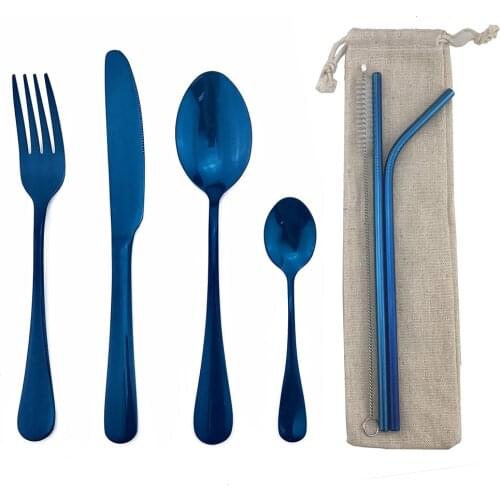 4Pcs/Set Colorful Flatware Light Portable Stainless Steel Blue Knife Forks Spoons Dinner Western HQ Picnic Rainbow Cutlery Set