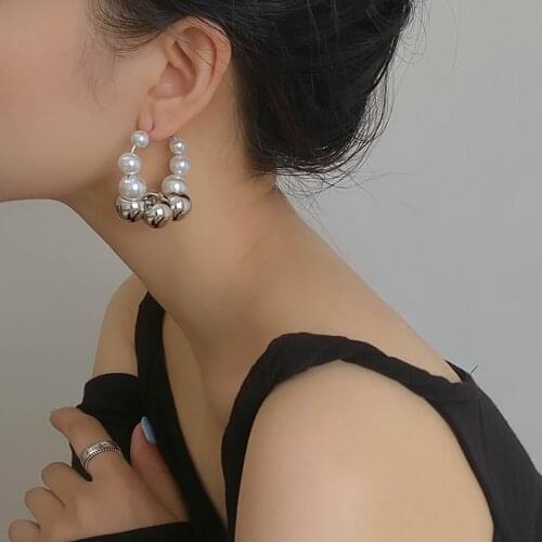 AENSOA Exaggerated Punk Silver Color Beads Pearl Hoop Earrings Big Large Round Circle Earrings for Women Girls Party Jewelry