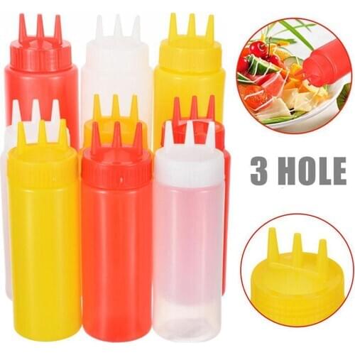 Three-hole Squeeze Bottle 350ml Twist Cap Food Grade Plastic Ketchup Mustard Mayo Sauces Olive Oil Bottles Kitchen Gadgets
