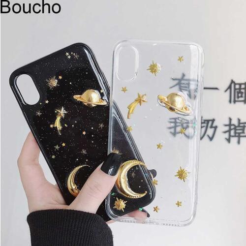 Boucho Glitter Bling Universe Space moon Cases for iPhone XS MAX XR X 6 6s 7 8 Plus XS Phone Case Soft Silicone Back Cover