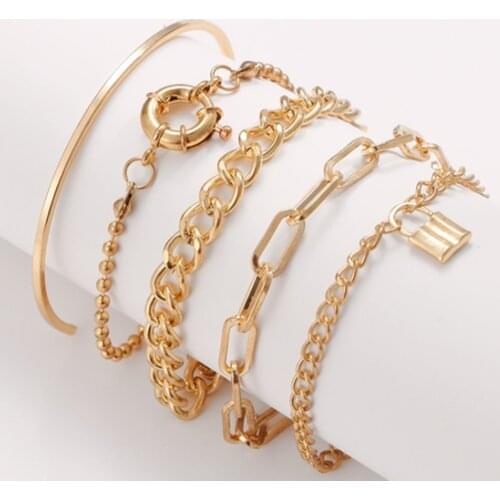 DIEZI Vintage Elegant Multilayer Chain Bracelets Bangles For Women Gold Color Lock Butterfly Heart Charm Bracelet Sets Jewelry