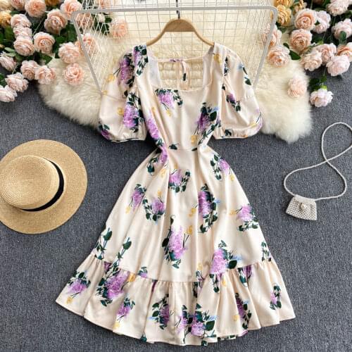 Europe Style New Summer Women Square Collar Short Sleeve Floral Print Fashion High Waist Dress Female Vacation Party Dresses