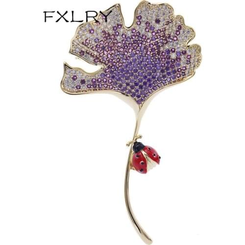 FXLRY Elegant Cubic Zirconia Ginkgo Leaf Brooches Pin for Women Delicate Insect Brooch Jewelry Accessories