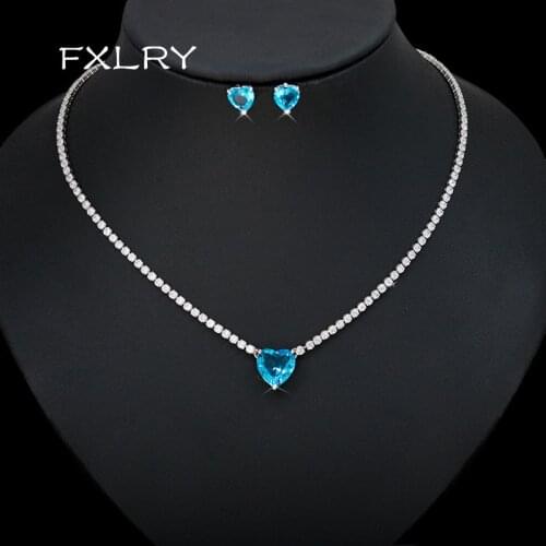 FXLRY Fashion AAA Cubic Zirconia Heart Earring and Necklace for Women Wedding Fashion Jewelry Set
