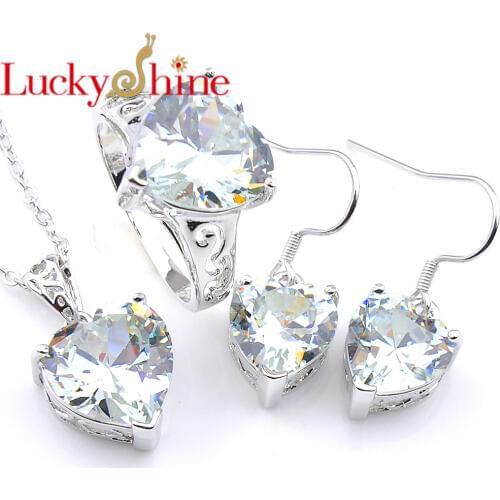 Luckyshine 3 Pcs Holiday gift Set 7 Color Love Heart Cubic Zirconia Crystal Gems Silver Ring Earrings Pendants Wedding Jewelry