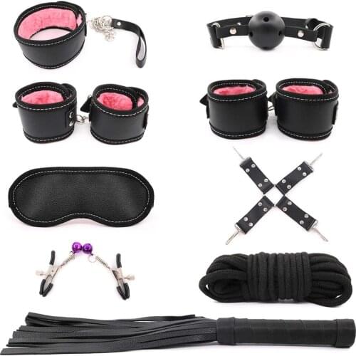 SM Game Kit Adult Sex Toys Leather Slings with Handcuffs Ball Whip Ankle Cuffs Variety Bondage Set BDSM Strap Tools for Couples