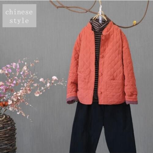 New winter autumn Literature and art retro clothes cotton clip Lingge embroidery parkas mujer coats female red black down jacket
